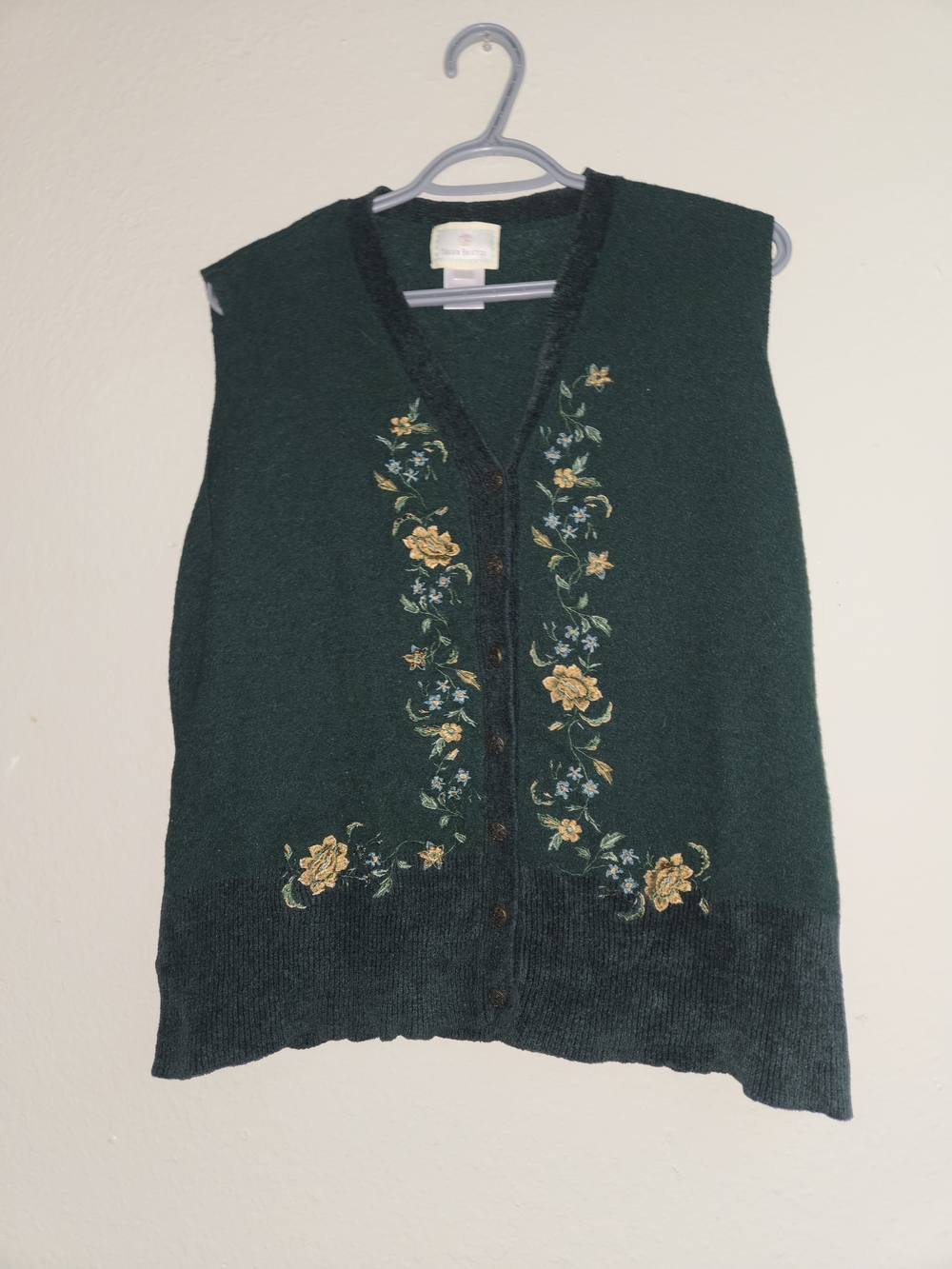 Susan Bristol Vintage Knit Sweater Vest Womens Size L Dark Green Floral